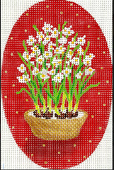 Kate Dickerson Needlepoint Collections Christmas Ornament - Paperwhites In Gold Bowl on Red with Gold Dots Needlepoint Canvas