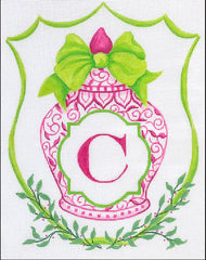 Kate Dickerson Needlepoint Collections Monogram Crest Chinese Vase with Bow Greens & Pinks Needlepoint Canvas