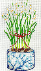 Kate Dickerson Needlepoint Collections Christmas Ornament - Chinese Cache Pot - Blue & White with Cherry Tree, Paperwhites & Red Tie Needlepoint Canvas