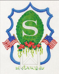 Kate Dickerson Needlepoint Collections Monogram Crest - Planter with Topiary, Geraniums & American Flags Needlepoint Canvas