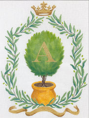 Kate Dickerson Needlepoint Collections Monogram Crest - Olive Branches with Olive Topiary, Crown & Gold Ribbon Needlepoint Canvas