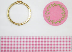 Kate Dickerson Needlepoint Collections Limoges Box Large Round Pink Gingham with Floral Vine Gold Clasp Needlepoint Canvas