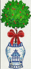 Kate Dickerson Needlepoint Collections Christmas Ornament - Chinese Vase - Blue & White with Pagoda, Topiary & Red Bow Needlepoint Canvas