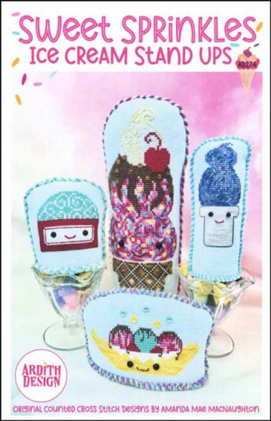 Ardith Design Sweet Sprinkles: Ice Cream Stand Ups Cross Stitch Pattern with Eye Embellishment Pack