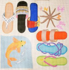 Jane Nichols Needlepoint Beach Flip Flops with Fish Needlepoint Canvas
