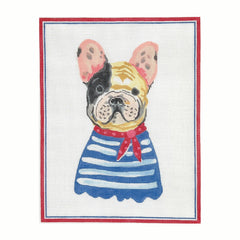 Kate Dickerson Needlepoint Collections Carolyn Gavin French Bulldog in Blue Striped Shirt Needlepoint Canvas