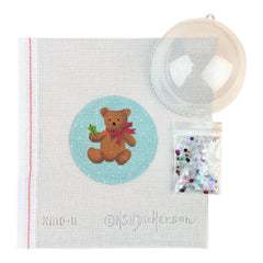 Kate Dickerson Needlepoint Collections Christmas Ornament with Clear Dome Cover and Confetti Teddy Bear with Red Bow on Snowy Sky Needlepoint Canvas