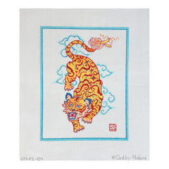 Kate Dickerson Needlepoint Collections Gabby Malpas Roaring Tiger with Stylized Clouds and Blue BorderNeedlepoint Canvas