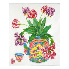 Kate Dickerson Needlepoint Collections Gabby Malpas Tulips In A Peranakan Teapot with Cup Needlepoint Canvas