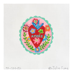 Kate Dickerson Needlepoint Collections Julia Eves Amore Red Heart with Flowers & Leaves on Pink with Sparkly Turquoise Border Needlepoint Canvas