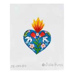 Kate Dickerson Needlepoint Collections Julia Eves Milagro Heart with Red Flowers Doves and Red Orange Flame Needlepoint Canvas