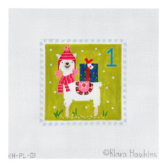 Kate Dickerson Needlepoint Collections Klara Hawkins Advent Stamp One Llama with Gift Needlepoint Canvas
