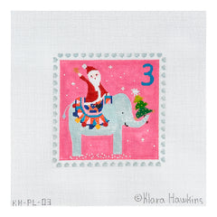 Kate Dickerson Needlepoint Collections Klara Hawkins Advent Stamp Three Santa on Elephant Needlepoint Canvas