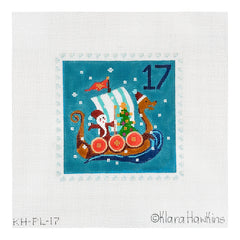 Kate Dickerson Needlepoint Collections Klara Hawkins Advent Stamp Santa in Ship Needlepoint Canvas