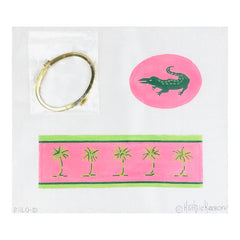 Kate Dickerson Needlepoint Collections Limoges Box Large Oval Green Gator & Palms on Hot Pink Gold Clasp Needlepoint Canvas