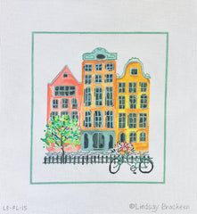 Kate Dickerson Needlepoint Collections Lindsay Brackeen Amsterdam Houses with Bicycle Needlepoint Canvas