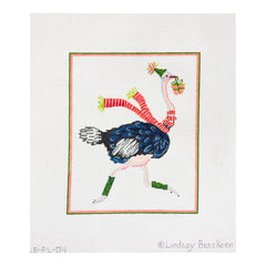 Kate Dickerson Needlepoint Collections Lindsay Brackeen - Party Animal Ostrich with Party Hat, Gift And Striped Scarf Needlepoint Canvas