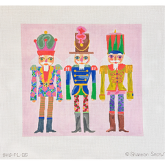 Kate Dickerson Needlepoint Collections Shannon Snow Three Colorful Nutcrackers on Pink Background Needlepoint Canvas