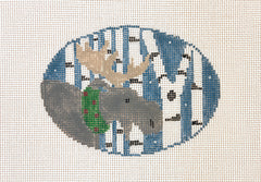 Kathy Schenkel Designs Moose with Birch Trees Oval Needlepoint Canvas