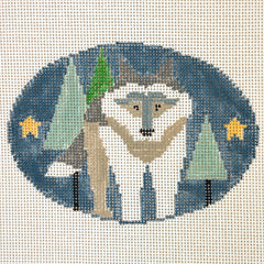 Kathy Schenkel Designs Wolf in Trees with Stars Oval Needlepoint Canvas