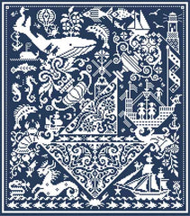 Cross stitch of whales, fish, seahorses, anchors, sailing ships, shells, and a lighthouse stitched in crisp white against a deep blue background.
