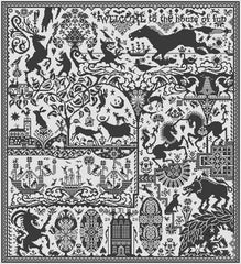 Black and white cross stitch sampler of deer, goats, horses, boars, dogs and rabbits surrounded by a detailed border with the words, "WELCOME to the house of fun" at the top.