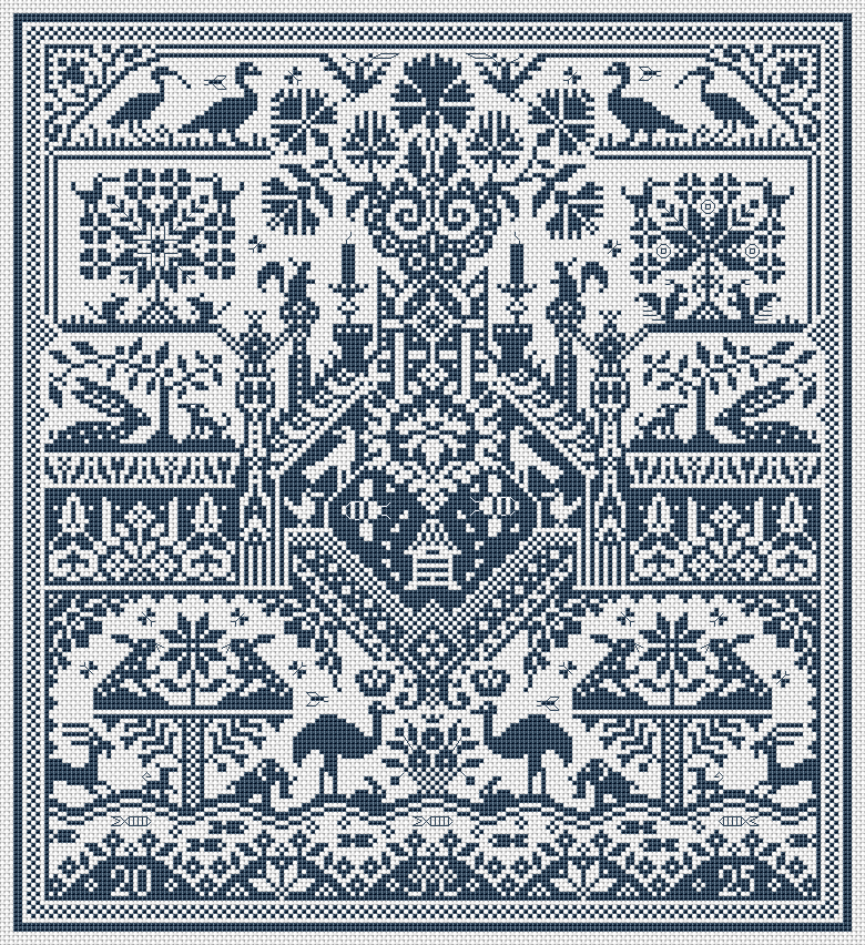 Blue monochrome cross stitch sampler with deer, birds, trees, urns, castles, and floral motifs.