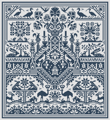 Blue monochrome cross stitch sampler with deer, birds, trees, urns, castles, and floral motifs.