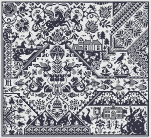 Black and white cross stitch pattern of different animal vignettes (winged horses, unicorns, rabbits, birds, fish, seahorses, ducks, sea creatures) split into small geometric panels.