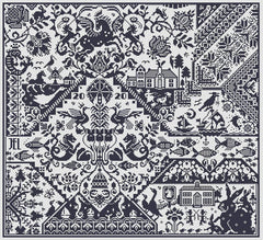 Black and white cross stitch pattern of different animal vignettes (winged horses, unicorns, rabbits, birds, fish, seahorses, ducks, sea creatures) split into small geometric panels.