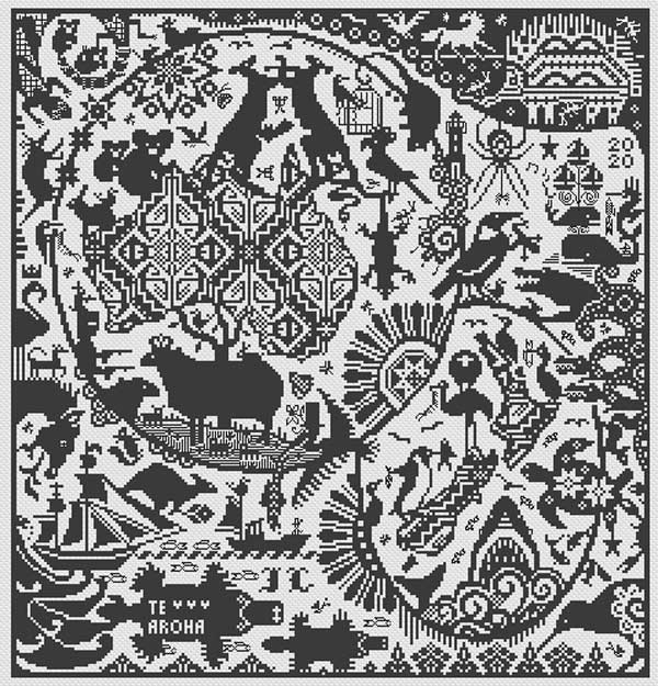 Black and white cross stitch of birds, boats, suns, stars, animals, and symbolic geometric motifs.
