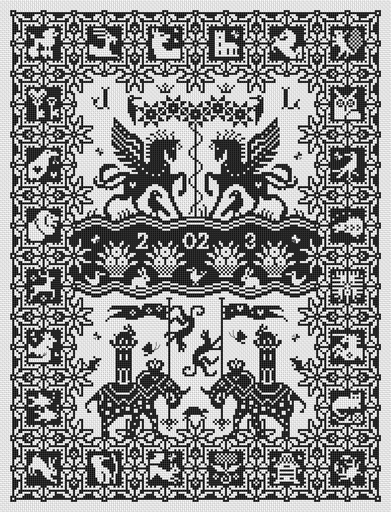 Black and white monochrome sampler of a pair of winged horses with patterned animal and geometric motifs surrounding them.