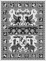 Black and white monochrome sampler of a pair of winged horses with patterned animal and geometric motifs surrounding them.
