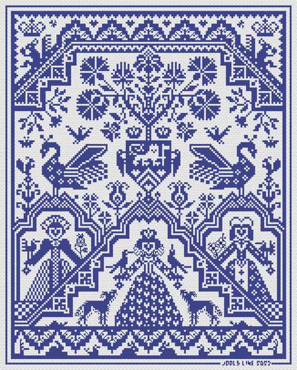Blue and white of a regal queen figure at the base of the pattern, surrounded by animals and other members of her court, with hearts and decorative motifs.