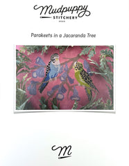 Mudpuppy Stitchery Parakeets in a Jacaranda Tree Cross Stitch Pattern