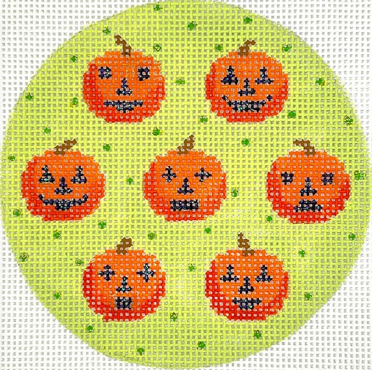 Kate Dickerson Needlepoint Collections Halloween Mini Jack-O-Lanterns on Dotted Soft Green Background Needlepoint Canvas