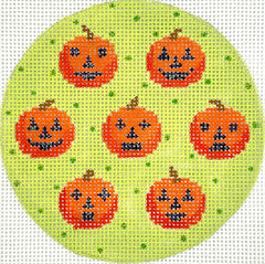 Kate Dickerson Needlepoint Collections Halloween Mini Jack-O-Lanterns on Dotted Soft Green Background Needlepoint Canvas