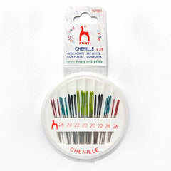 Pony Black chenille embroidery needles in a round compact, sizes 20–26, with colored eyes.