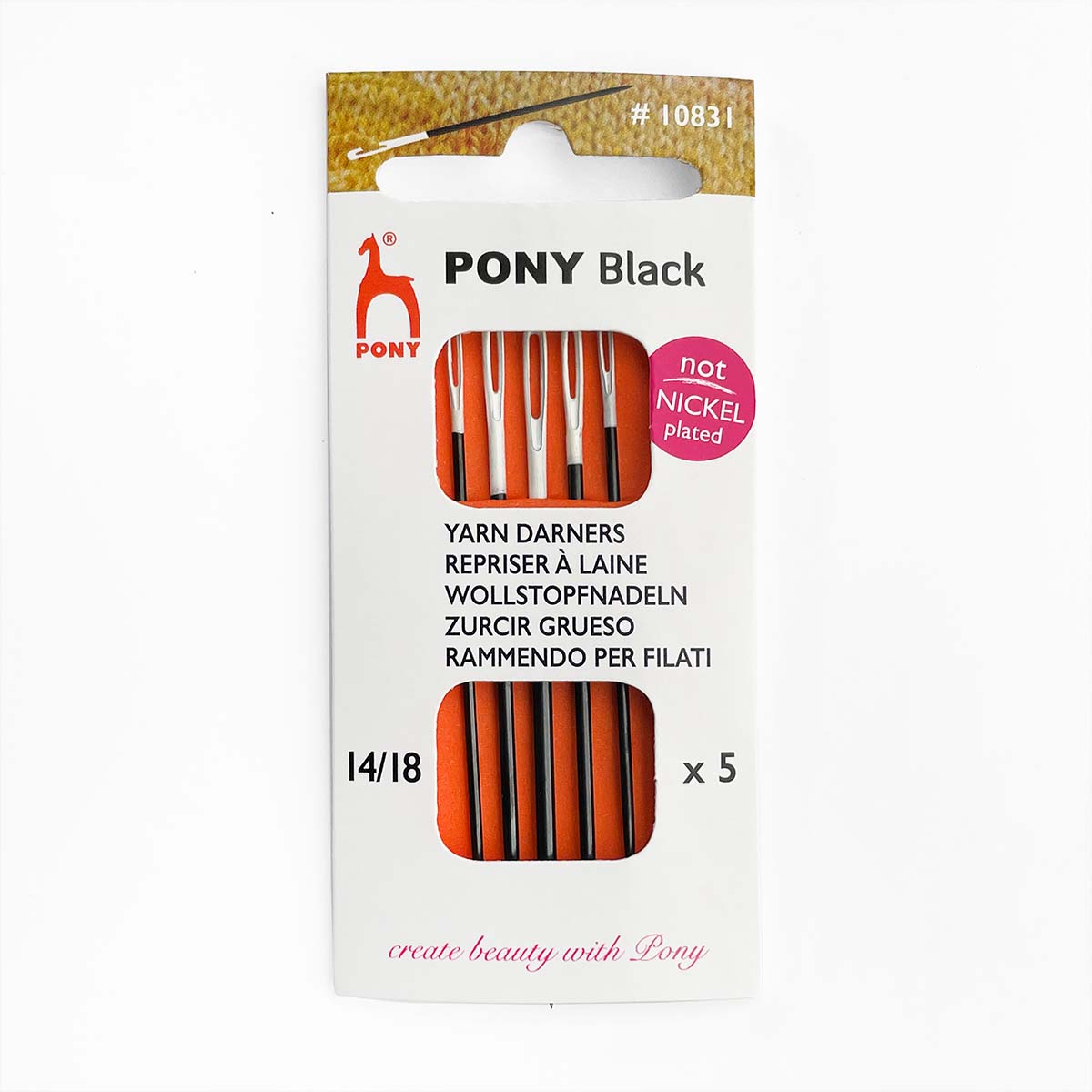 Package of Pony Black yarn darning needles, sizes 14–18, with white eyes.