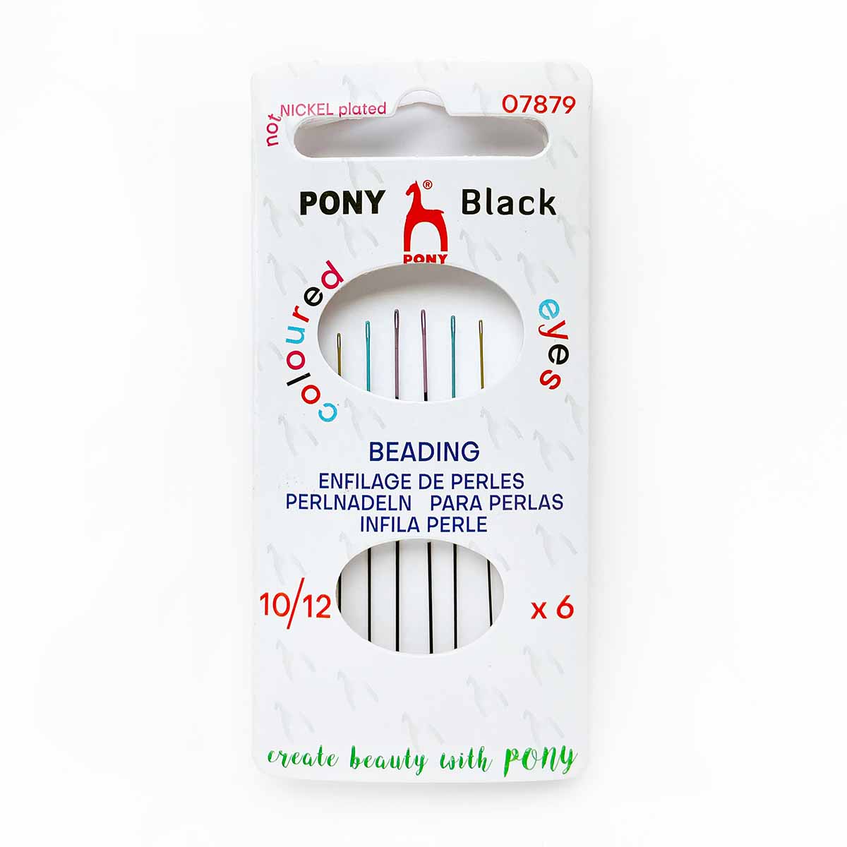 Package of Pony Black beading needles, sizes 10/12, with six needles featuring colored eyes.