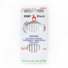 Package of Pony Black beading needles, sizes 10/12, with six needles featuring colored eyes.