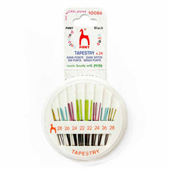 Package of Pony Black tapestry and embroidery needles with colored eyes in a round compact, sizes 22–28.