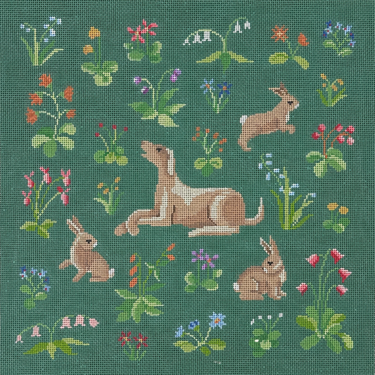 Susan Roberts Needlepoint Cluny Rabbits and Hound Needlepoint Canvas