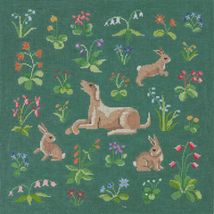 Susan Roberts Needlepoint Cluny Rabbits and Hound Needlepoint Canvas