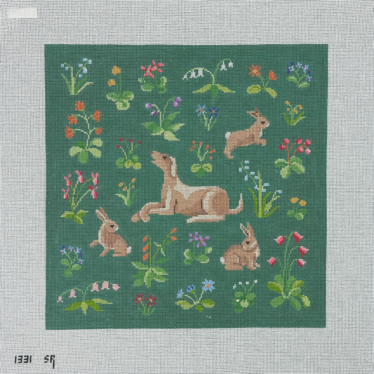 Susan Roberts Needlepoint Cluny Rabbits and Hound Needlepoint Canvas