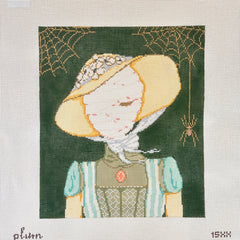 Needlepoint canvas featuring a vintage-style portrait of a mummy in a wide-brimmed yellow bonnet with floral trim, wearing a blue dress and lace bodice, framed by gold spiderweb motifs and spiders on a dark green background.