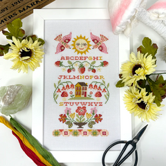 Tiny Modernist Strawberry Band Sampler Cross Stitch Pattern