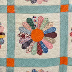 Vintage 1930s-40s Light Blue and Orange Dresden Plate Patchwork Quilt