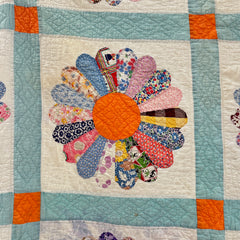 Vintage 1930s-40s Light Blue and Orange Dresden Plate Patchwork Quilt
