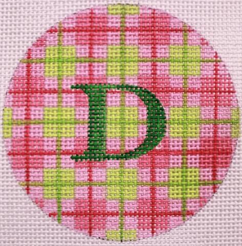 Kate Dickerson Needlepoint Collections Bright Disk Letter Pinks and Greens Plaid Green Letter Specify Letter Or Blank Needlepoint Canvas